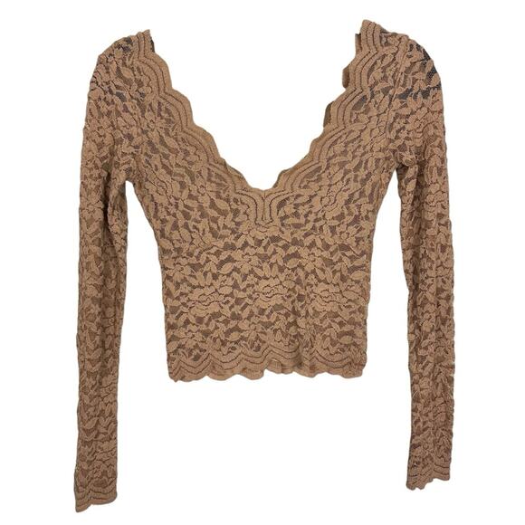 Zara Elegant Floral Lace Long Sleeve V-neck Sheer Top Tan Size Small Going Out - Picture 2 of 6